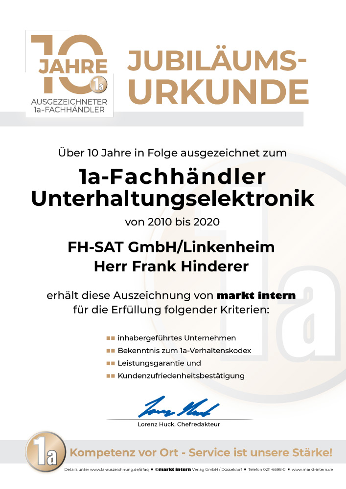 10 Jahre in Folge ausgezeichnet als 1a Fachhändler