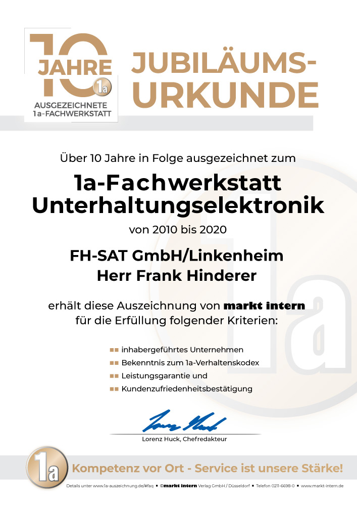 10 Jahre in Folge ausgezeichnet als 1a Fachwerkstatt