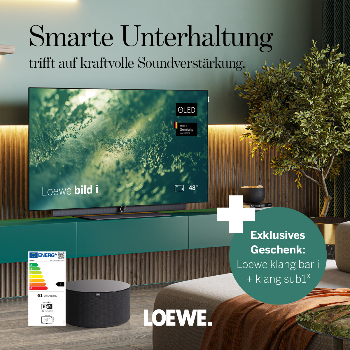Jetzt 700€* Preisvorteil sichern! Holen Sie sich den LOEWE bild i.48 dr+ und erhalten Sie die leistungsstarke Soundbar klang bar i sowie den Premium-Subwoofer klang sub1 gratis dazu.*